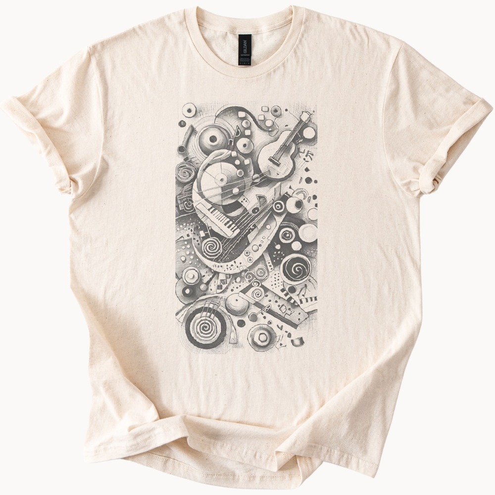 Music and Mechanics Graphic Tee Black and White Industrial Art Design